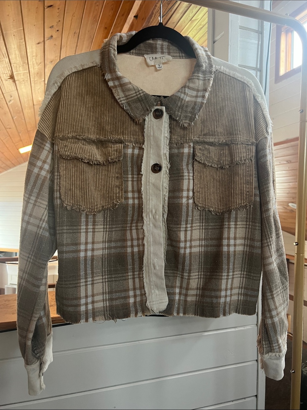 Oli & Hali Corduroy & Plaid cropped Shacket Jacket in Taupe and Cream